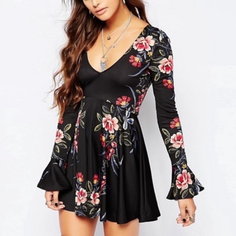 Free People Date Night Black Long Sleeve Mini